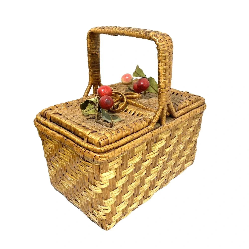 Vintage Woven Market Basket Small Split Lid Top Handle Carrier Wicker & Fruit